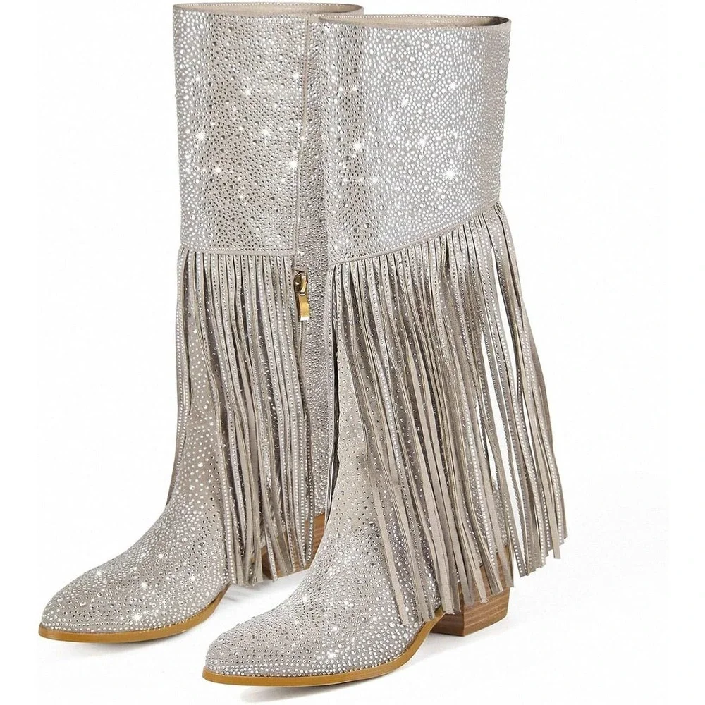 Rhinestone Fringe Knee High Boots Silver Western Festival Size 6 New